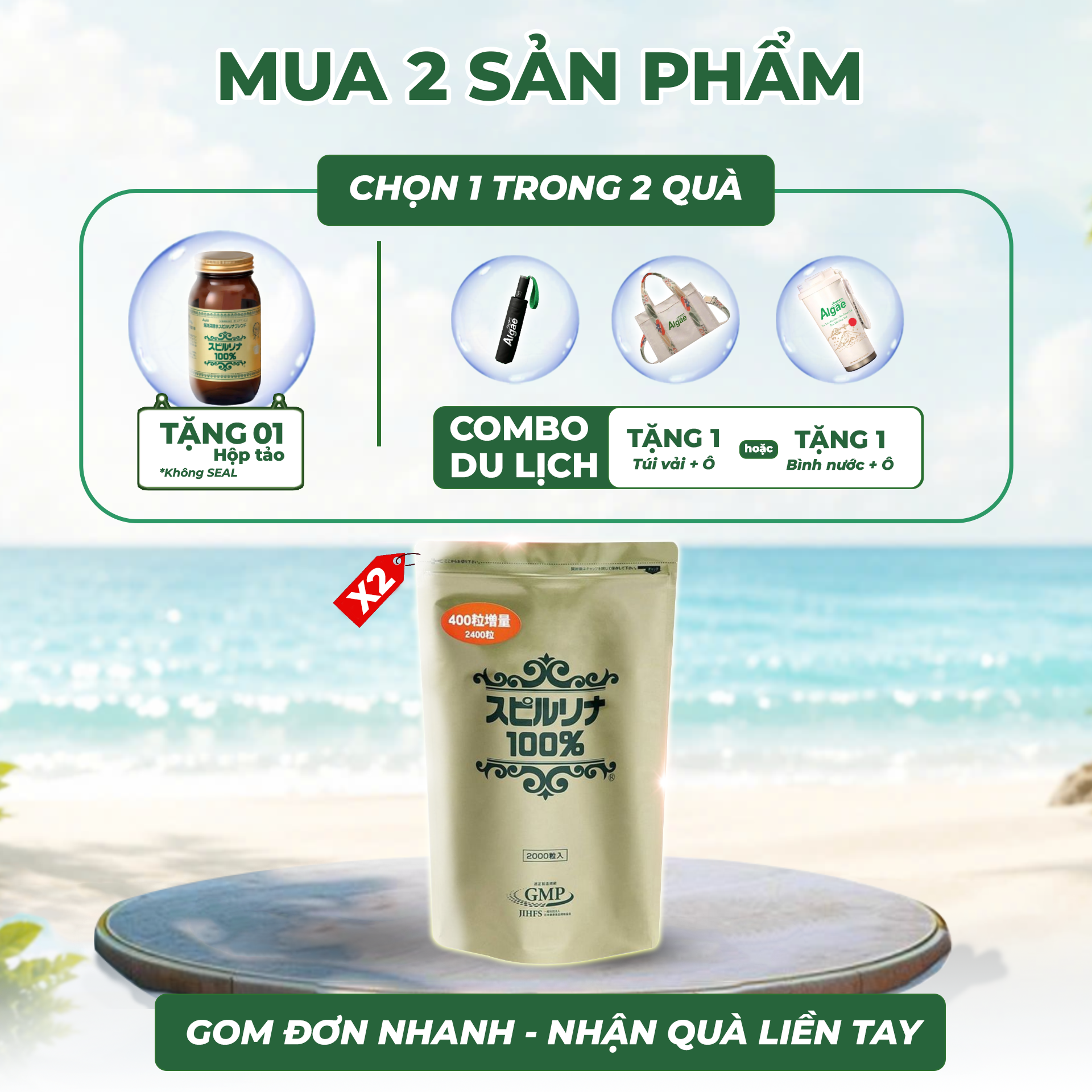 Tảo xoắn Spirulina 2400 viên dạng túi Nhật Bản