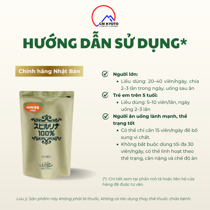 Tảo xoắn Spirulina 2400 viên dạng túi Nhật Bản