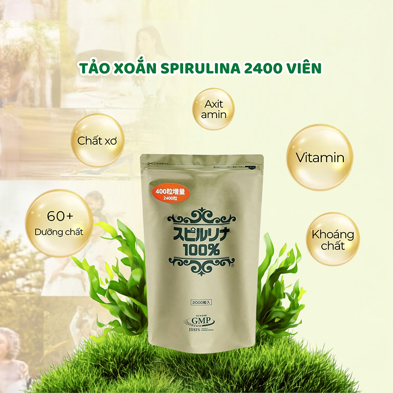 Tảo xoắn Spirulina 2400 viên dạng túi Nhật Bản Japan Algae
