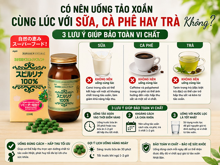 Có nên uống Tảo Xoắn cùng lúc với sữa, cà phê hay trà không? 3 lưu ý giúp bảo toàn vi chất