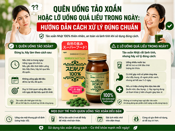 Quên uống Tảo Xoắn hoặc lỡ uống quá liều trong ngày: Hướng dẫn cách xử lý đúng chuẩn