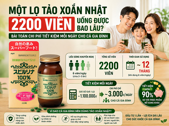 Một lọ tảo Xoắn Nhật 2200 viên uống được bao lâu? Bài toán chi phí tiết kiệm mỗi ngày cho cả gia đình